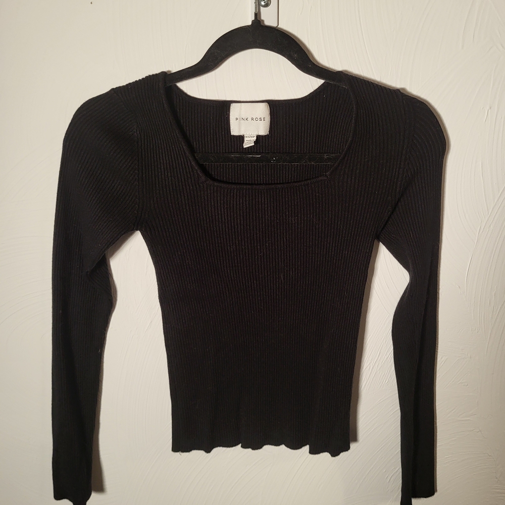 Pink Rose Black Ribbed Women's Top
